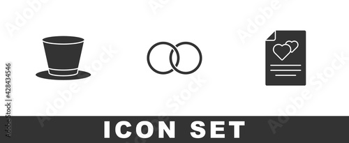 Set Cylinder hat, Wedding rings and Greeting card icon. Vector