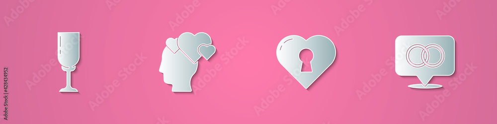 Set paper cut Glass of champagne, Head with heart, Heart keyhole and Wedding rings icon. Paper art style. Vector Set paper cut Glass of champagne, Head with heart, Heart keyhole and Wedding rings icon. Paper art style. Vector