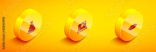 Set Isometric Wedding cake with heart, Photo camera and Smiling lips icon. Vector