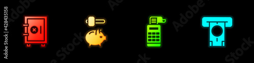 Set Safe, Piggy bank and hammer, Cash register machine and ATM money icon. Vector