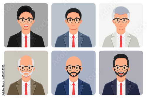 character design in avatar style. man with hair, no hair, beard, mustache, smiling, happy, young, old and wearing glasses. in a bundle set
