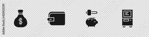 Set Money bag, Wallet, Piggy bank and hammer and ATM icon. Vector
