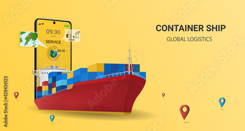 Online  delivery by container ship  on mobile service, online order tracking, global logistic, Ship delivery, sea logistics.warehouse, cargo, courier. 3D Perspective Vector illustration