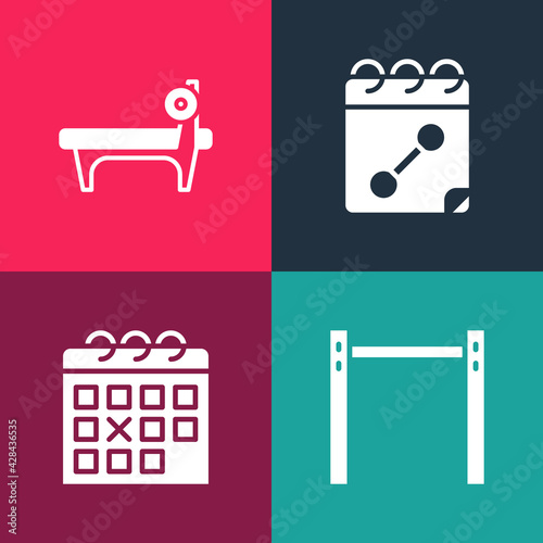 Set pop art Horizontal bar, Calendar fitness, and Bench with barbel icon. Vector