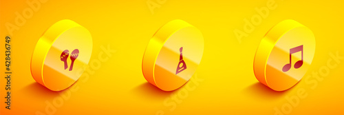 Set Isometric Maracas, Balalaika and Music note, tone icon. Vector