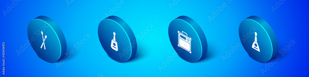 Set Isometric Drum sticks, Guitar amplifier, Balalaika and icon. Vector Set Isometric Drum sticks, Guitar amplifier, Balalaika and icon. Vector
