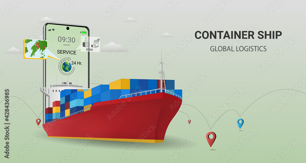 Online  delivery by container ship  on mobile service, online order tracking, global logistic, Ship delivery, sea logistics. warehouse, cargo, courier.3D Perspective Vector illustration - obrazy, fototapety, plakaty 