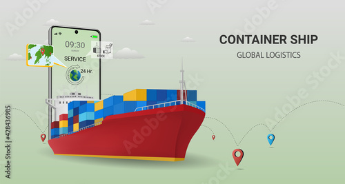 Online delivery by container ship on mobile service, online order tracking, global logistic, Ship delivery, sea logistics. warehouse, cargo, courier.3D Perspective Vector illustration