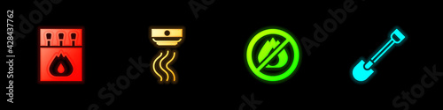 Set Matchbox and matches, Smoke alarm system, No fire and Fire shovel icon. Vector