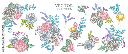 Flower bouquet of pastel roses, anemone, eucalyptus, lavender, peony, viburnum