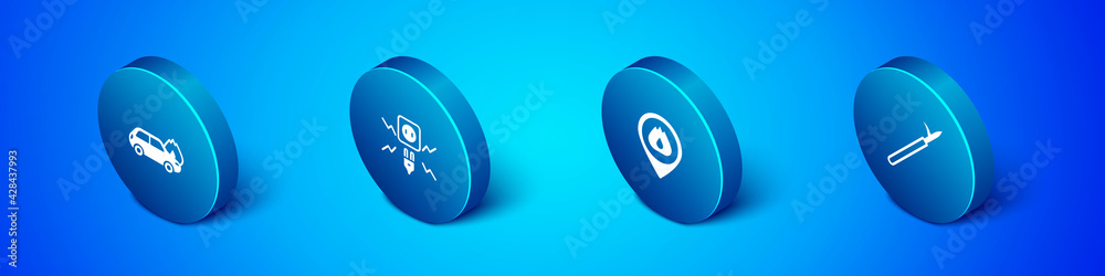 Set Isometric Burning car, Location with fire flame, Metal pike pole and Electricity spark icon. Vector Set Isometric Burning car, Location with fire flame, Metal pike pole and Electricity spark icon. Vector