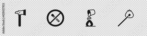 Set Firefighter axe, No fire match, Bucket extinguishing and Burning with icon. Vector