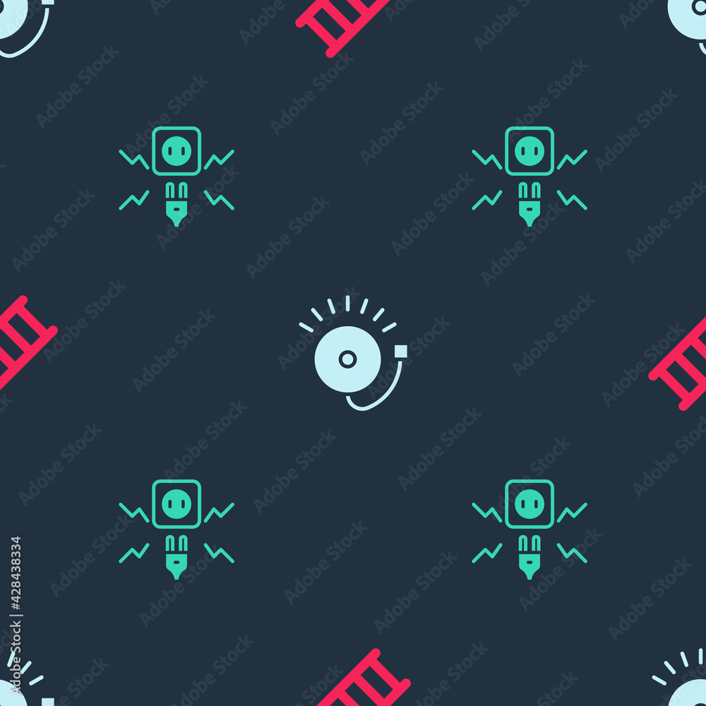 Set Fire escape, Ringing alarm bell and Electricity spark on seamless pattern. Vector