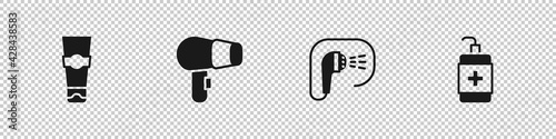 Set Tube of toothpaste, Hair dryer, Shower and Hand sanitizer bottle icon. Vector