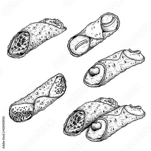Hand drawn sketch style cannoli set. Traditional Italian dessert. Cannoli siciliani. Retro style vector illustrations. Isolated on white background.