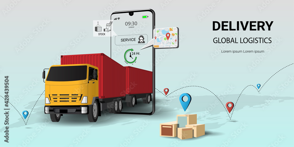 Fototapeta premium Online delivery service on mobile, Global logistic transportation, Online order. City logistics. Truck, warehouse and parcel box. Concept for website or banner. 3D Perspective Vector illustration