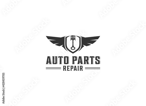 engined vehicle repair service logo, with an illustration of a piston having wings and a shield that means an engine savior angel
