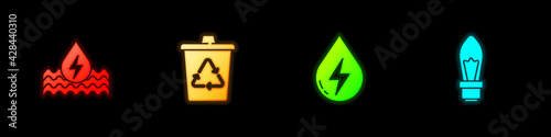 Set Water energy, Recycle bin with recycle, and Light bulb icon. Vector