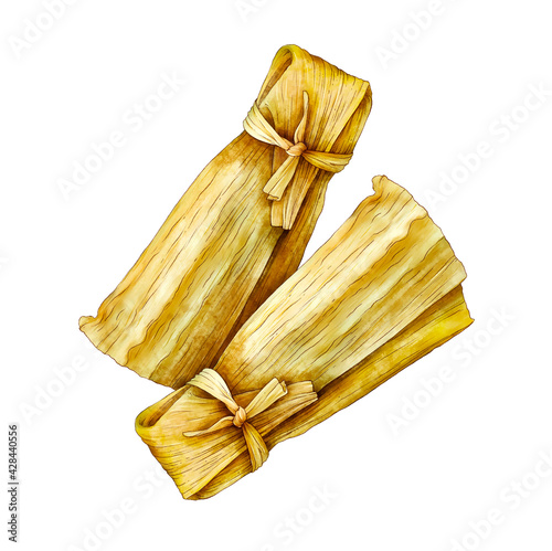 Homemade Wrapped Tamales isolated on white background. Hand painted watercolor traditional mexican food. Best for restaurant menu designs, flyers and banners