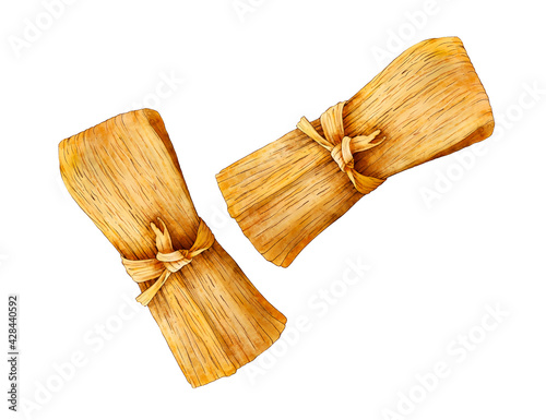 Homemade Wrapped Tamales isolated on white background. Hand painted watercolor traditional mexican food. Best for restaurant menu designs, flyers and banners