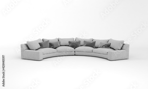 3D rendering of a modern semicircular light gray sofa with pillows isolated on a white background photo