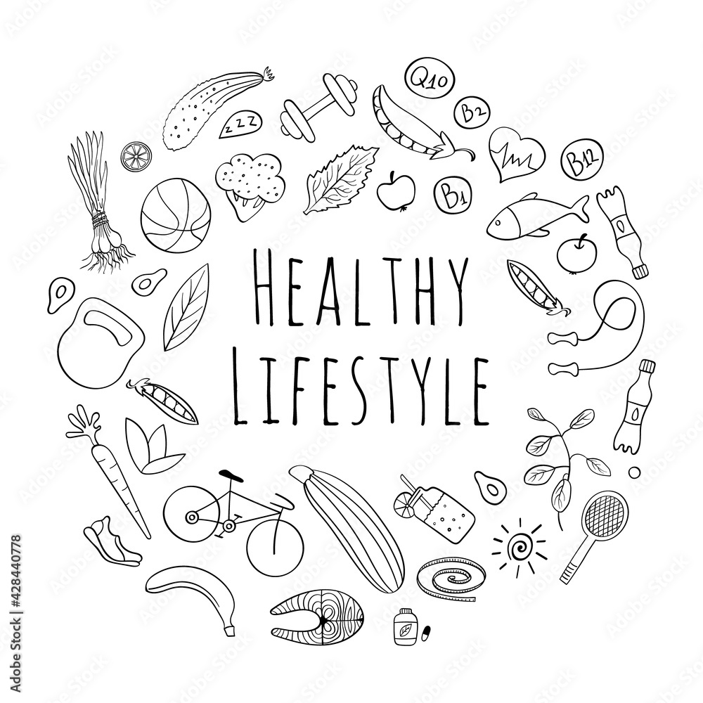 Healthy lifestyle hand drawn icons collection. Black doodles isolated on white background. Vector illustration.
