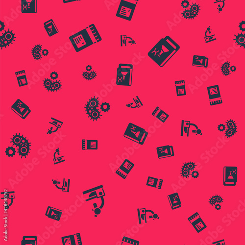 Set Microscope, Jar with additives, Virus and Genetic engineering book on seamless pattern. Vector