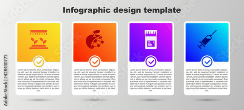Set Automatic irrigation sprinklers, Biological structure, Jar with additives and Syringe. Business infographic template. Vector