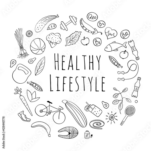Healthy lifestyle hand drawn icons collection. Black doodles isolated on white background. Vector illustration.