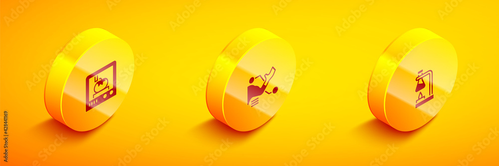 Set Isometric 3D printing technology, Prosthesis hand and Test tube flask on fire icon. Vector Set Isometric 3D printing technology, Prosthesis hand and Test tube flask on fire icon. Vector