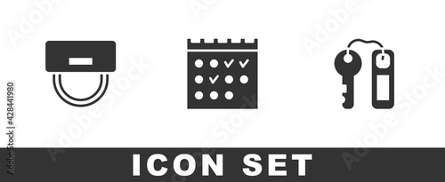 Set Bellboy hat, Hotel booking calendar and door lock key icon. Vector