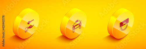 Set Isometric Hotel door lock key, Taxi car and Bellboy hat icon. Vector