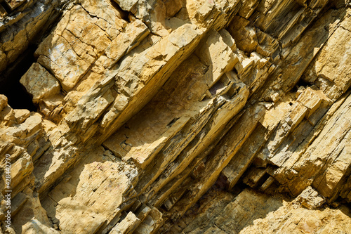 Layers of limestone plates in the Germanic Triassic of the Harz foreland, oblique with parallel layering and orthogonal fractures photo