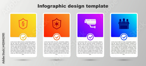 Set Justice law in shield, Police badge, Security camera and Jurors. Business infographic template. Vector