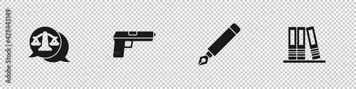 Set Scales of justice, Pistol or gun, Fountain pen nib and Office folders icon. Vector