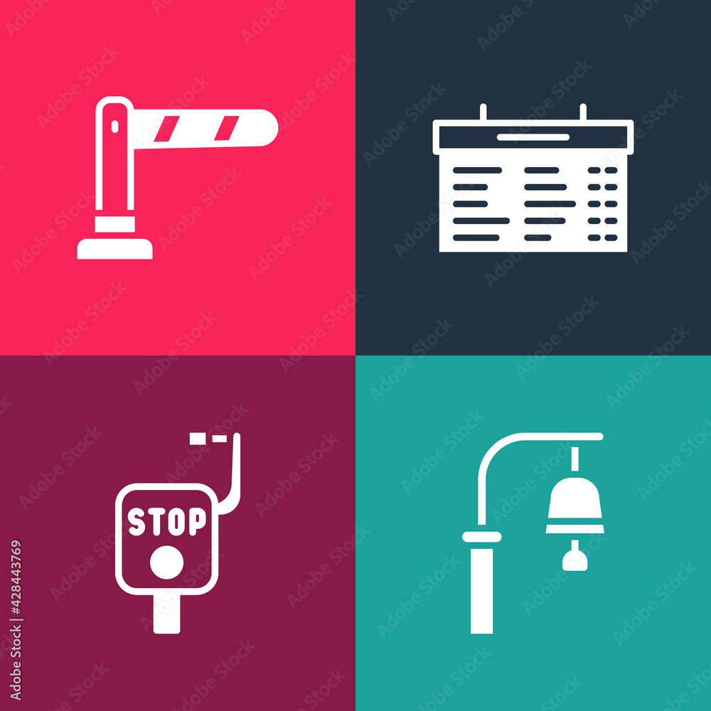 Set pop art Train station bell, Emergency brake, board and Railway barrier icon. Vector