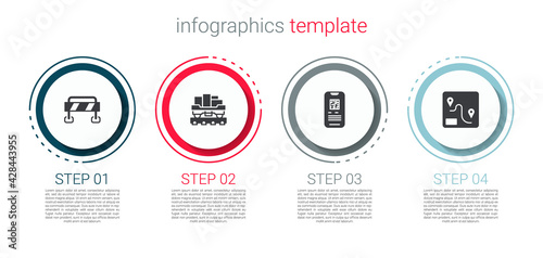 Set Road barrier, Cargo train wagon, E-ticket and Route location. Business infographic template. Vector