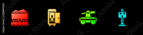 Set Coal train wagon, Toilet the car, Draisine or handcar and Train traffic light icon. Vector photo