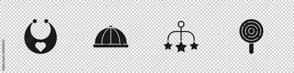 Set Baby bib, hat, crib hanging toys and Lollipop icon. Vector Set Baby bib, hat, crib hanging toys and Lollipop icon. Vector