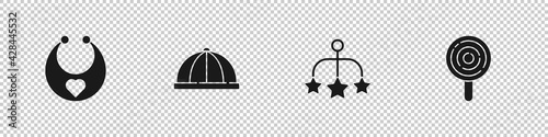 Set Baby bib, hat, crib hanging toys and Lollipop icon. Vector