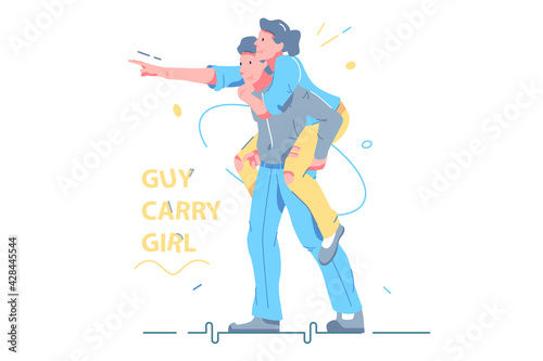 Strong guy carry girl on back