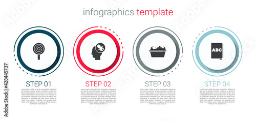 Set Lollipop, Baby dummy pacifier, bathtub and ABC book. Business infographic template. Vector