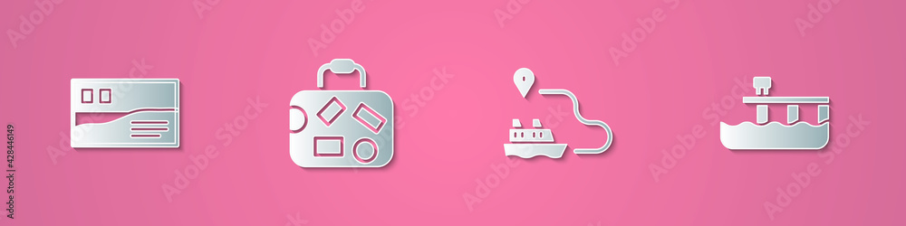 Set paper cut Postcard travel, Suitcase, Ship line path and Beach pier dock icon. Paper art style. Vector