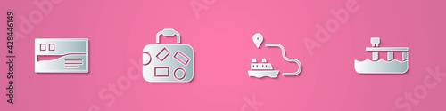 Set paper cut Postcard travel, Suitcase, Ship line path and Beach pier dock icon. Paper art style. Vector