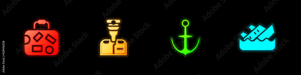 Set Suitcase, Captain of ship, Anchor and Sinking cruise icon. Vector Set Suitcase, Captain of ship, Anchor and Sinking cruise icon. Vector