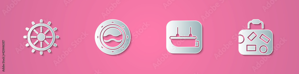 Fototapeta premium Set paper cut Ship steering wheel, porthole with seascape, Lifeboat and Suitcase icon. Paper art style. Vector