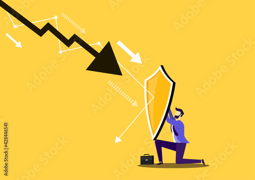 Businessman  protected from arrow pointing down by a shield. Businessman fighting falling stock. Insurance. Financial security. Concept of web page design for website and banner. Vector illustration