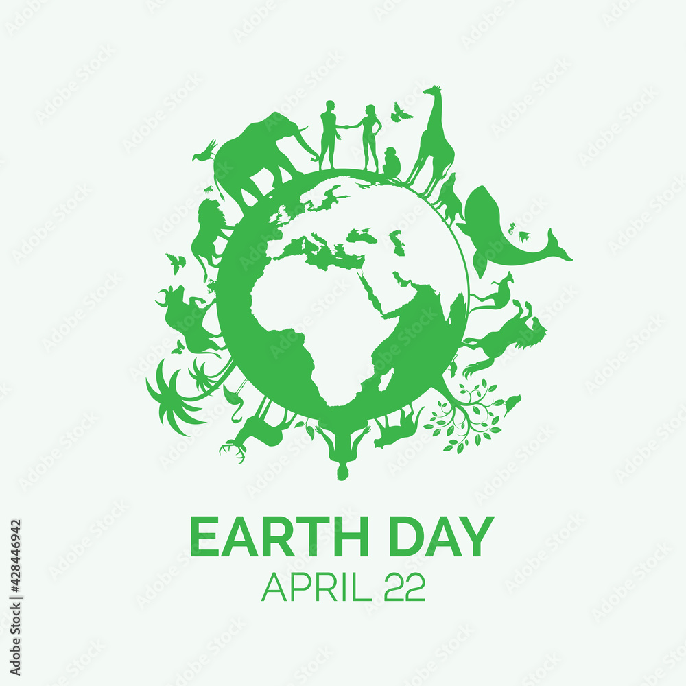 Earth Day concept with animals and plants vector. Planet Earth with fauna and flora icon. Environmental concept. Wild animals green silhouette vector. Earth Day Poster, April 22. Important day