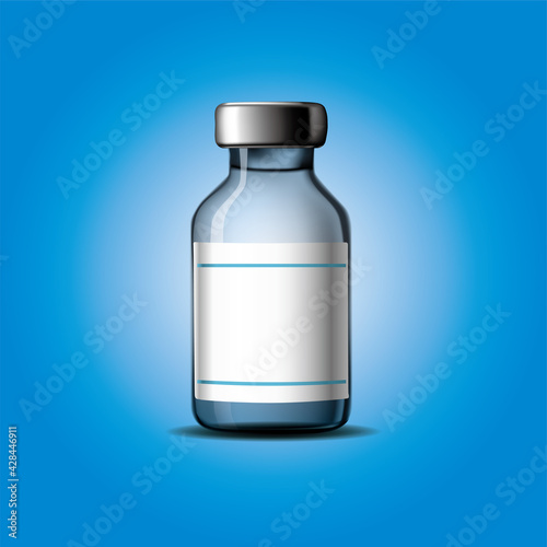 Vaccine bottle with clean label on blue background