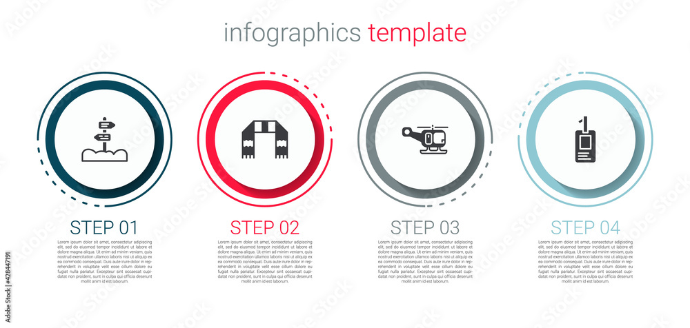 Set Road traffic signpost, Winter scarf, Rescue helicopter and Identification badge. Business infographic template. Vector Set Road traffic signpost, Winter scarf, Rescue helicopter and Identification badge. Business infographic template. Vector